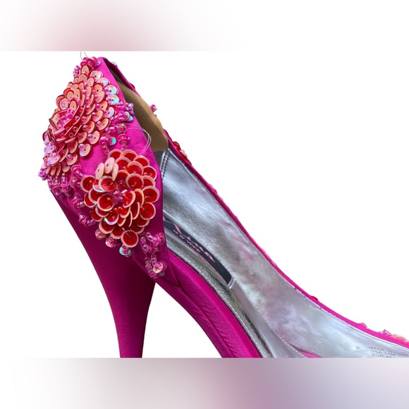 NINA NEW YORK Fuchsia Pink “Sadi” 3D Sequin Floral Flower Peep Toe Pump Heels,10 - Picture 6 of 11